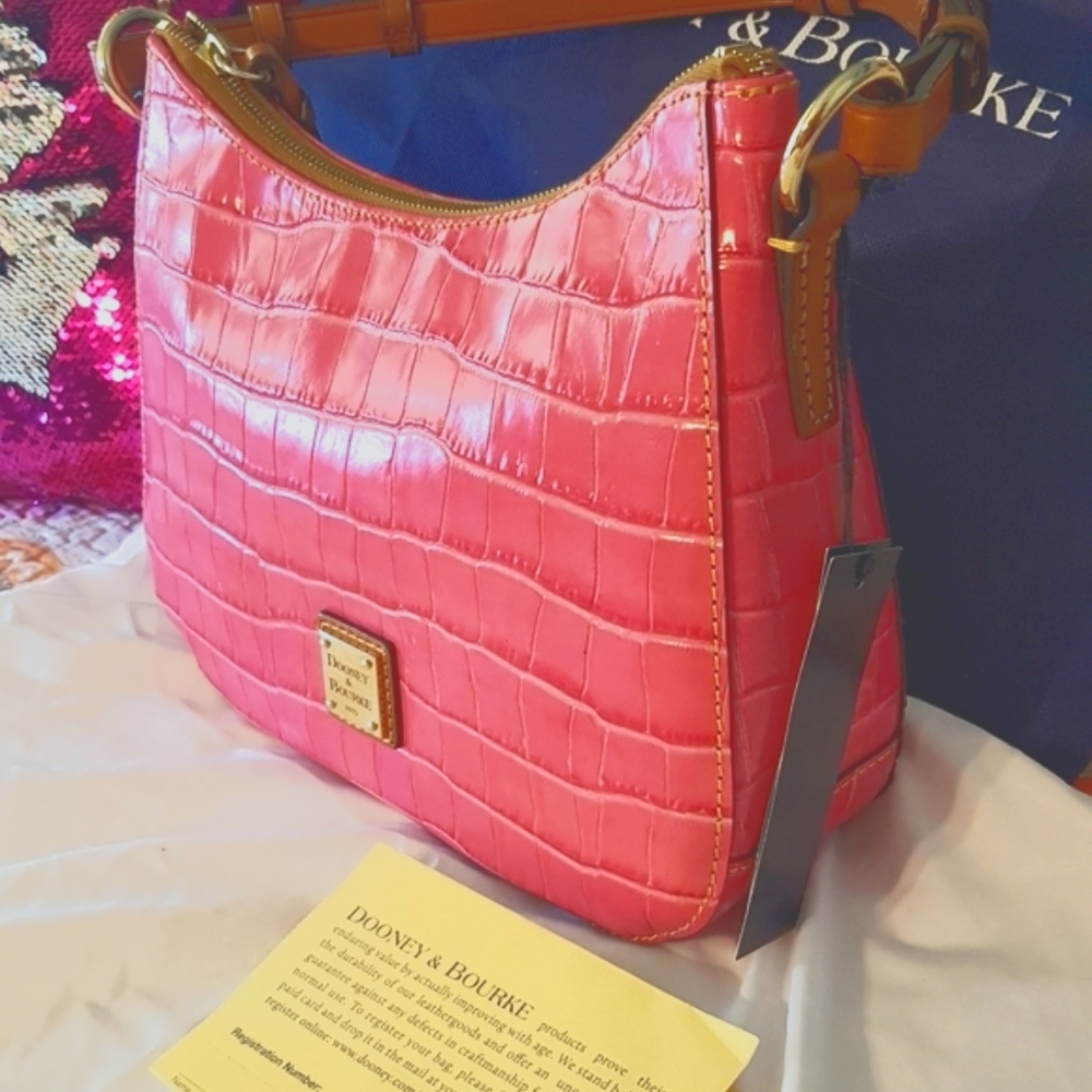 Dooney n Bourke NWT  Croco sm Kiley hobo hot pink - Picture 7 of 14